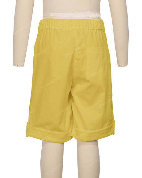 Button Cuffed Elastic Waist Shorts