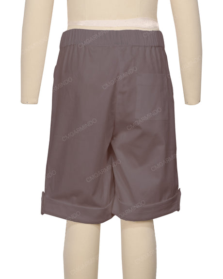 Button Cuffed Elastic Waist Shorts