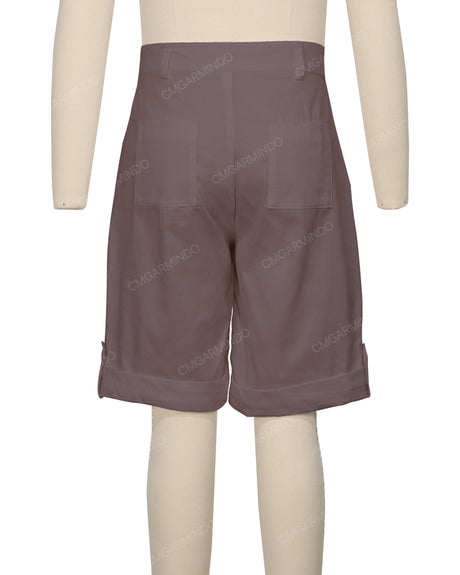 Button Cuffed Fixed Waist Shorts