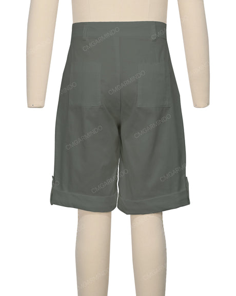 Button Cuffed Fixed Waist Shorts