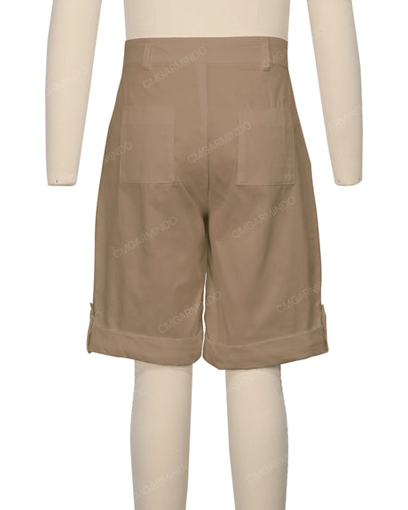Button Cuffed Fixed Waist Shorts