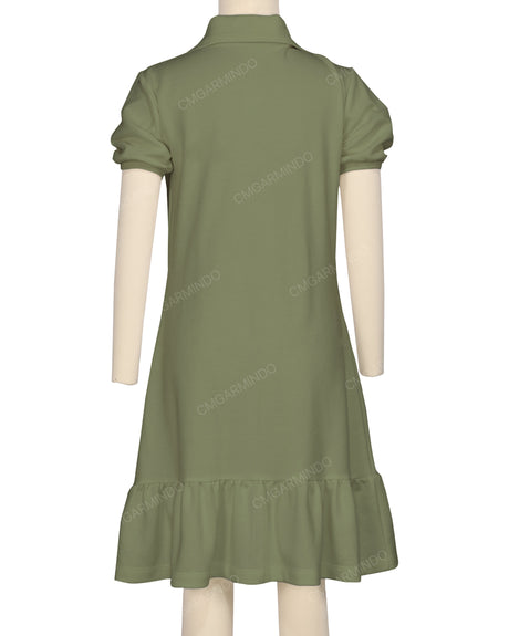 Puff Sleeve Ruffle Hem Polo Dress