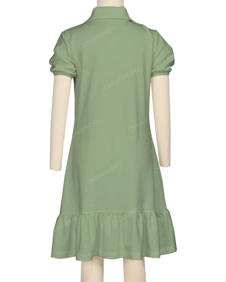 Puff Sleeve Ruffle Hem Polo Dress