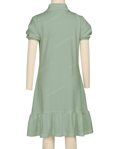 Puff Sleeve Ruffle Hem Polo Dress