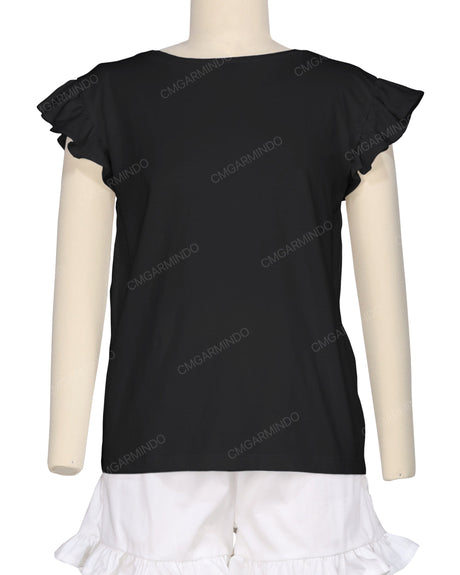Frill Cap Sleeve Boat Neck T-shirt
