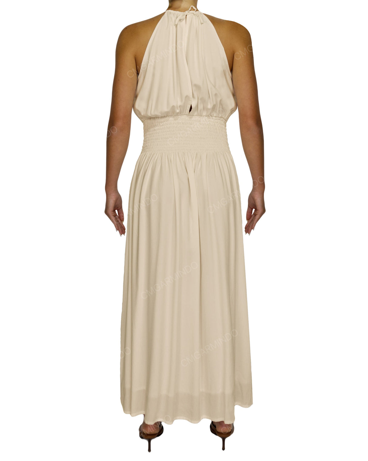 Halter Tie Shirred Waist Maxi Dress