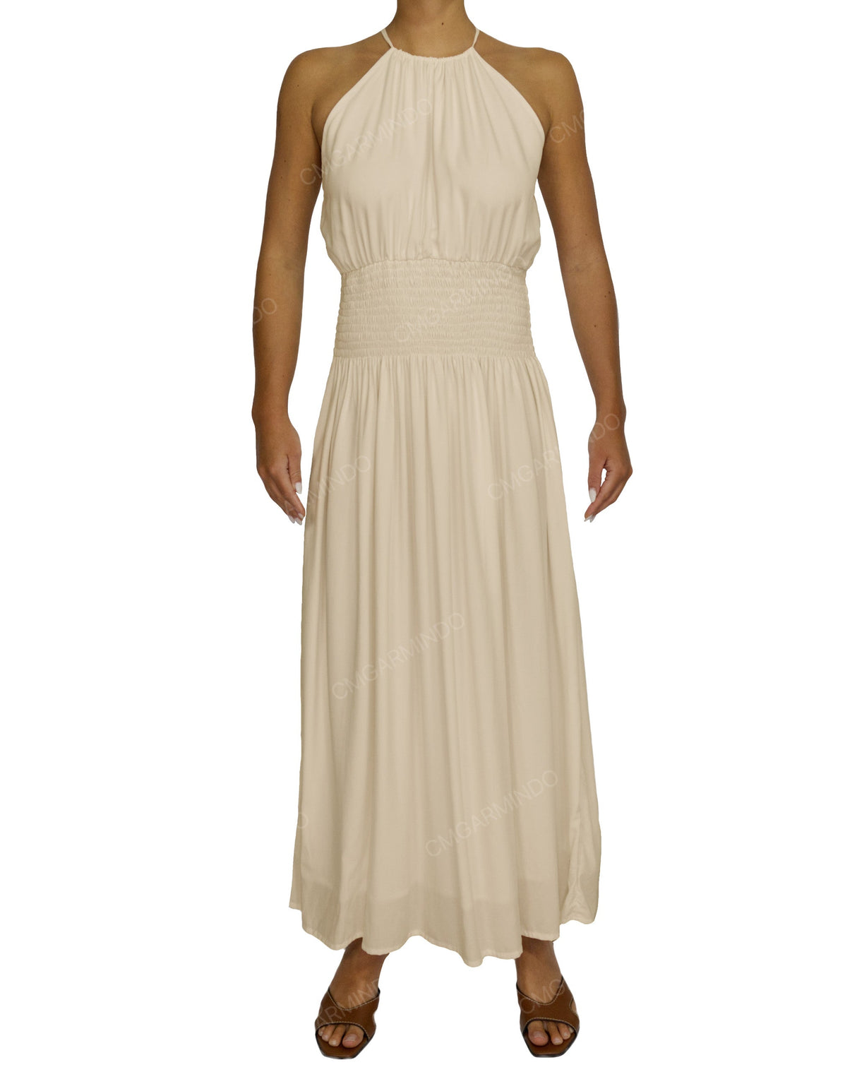 Halter Tie Shirred Waist Maxi Dress