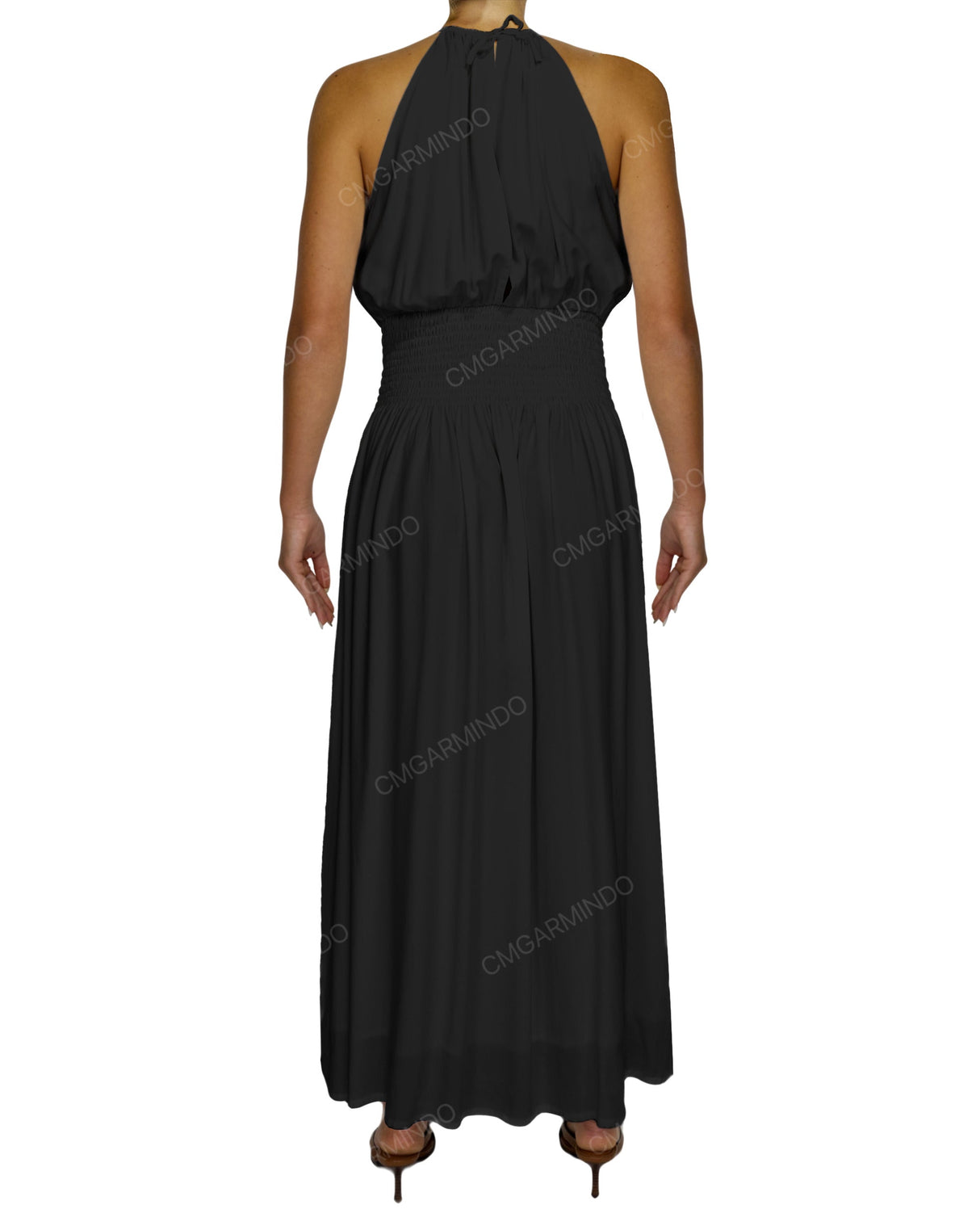 Halter Tie Shirred Waist Maxi Dress