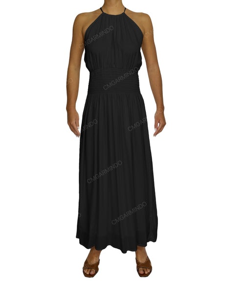 Halter Tie Shirred Waist Maxi Dress