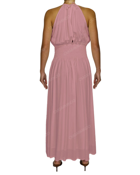 Halter Tie Shirred Waist Maxi Dress