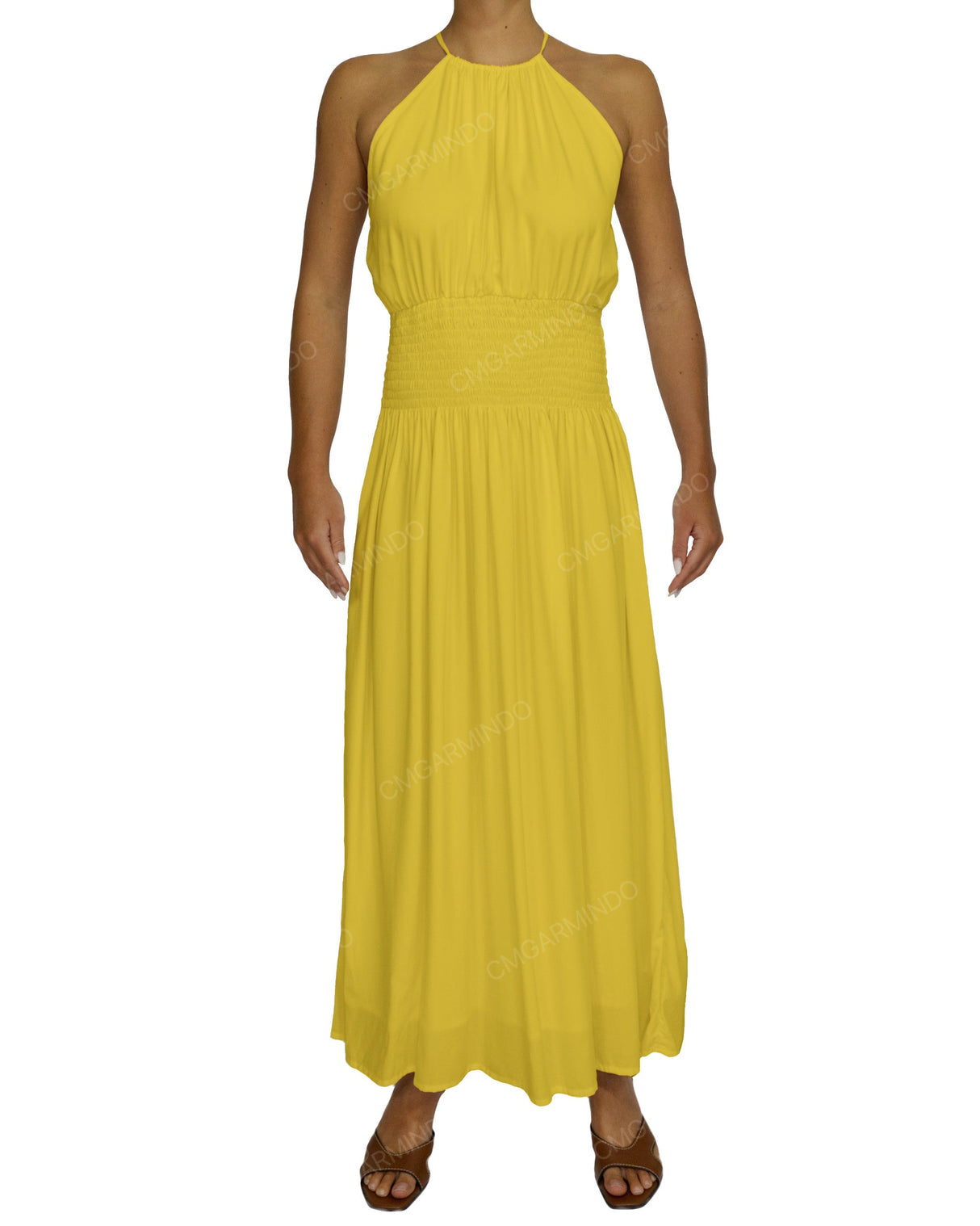 Halter Tie Shirred Waist Maxi Dress