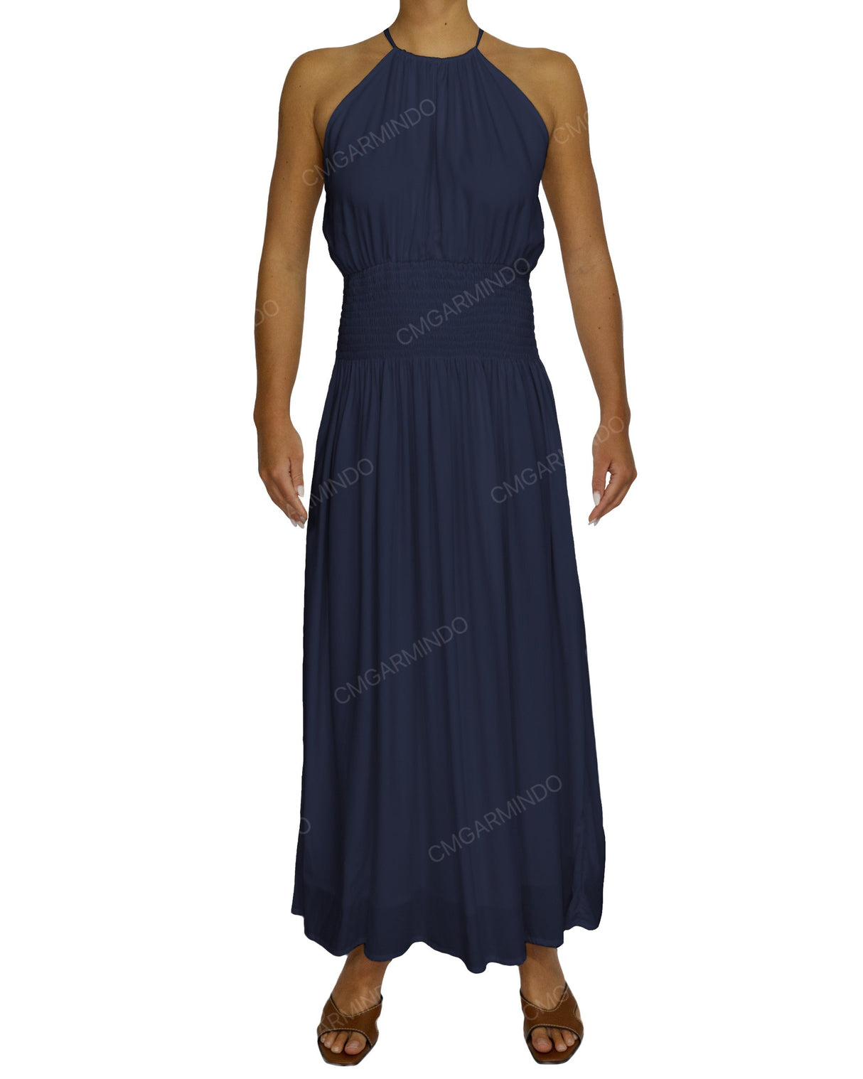 Halter Tie Shirred Waist Maxi Dress