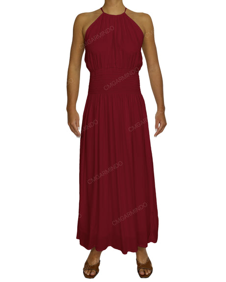 Halter Tie Shirred Waist Maxi Dress