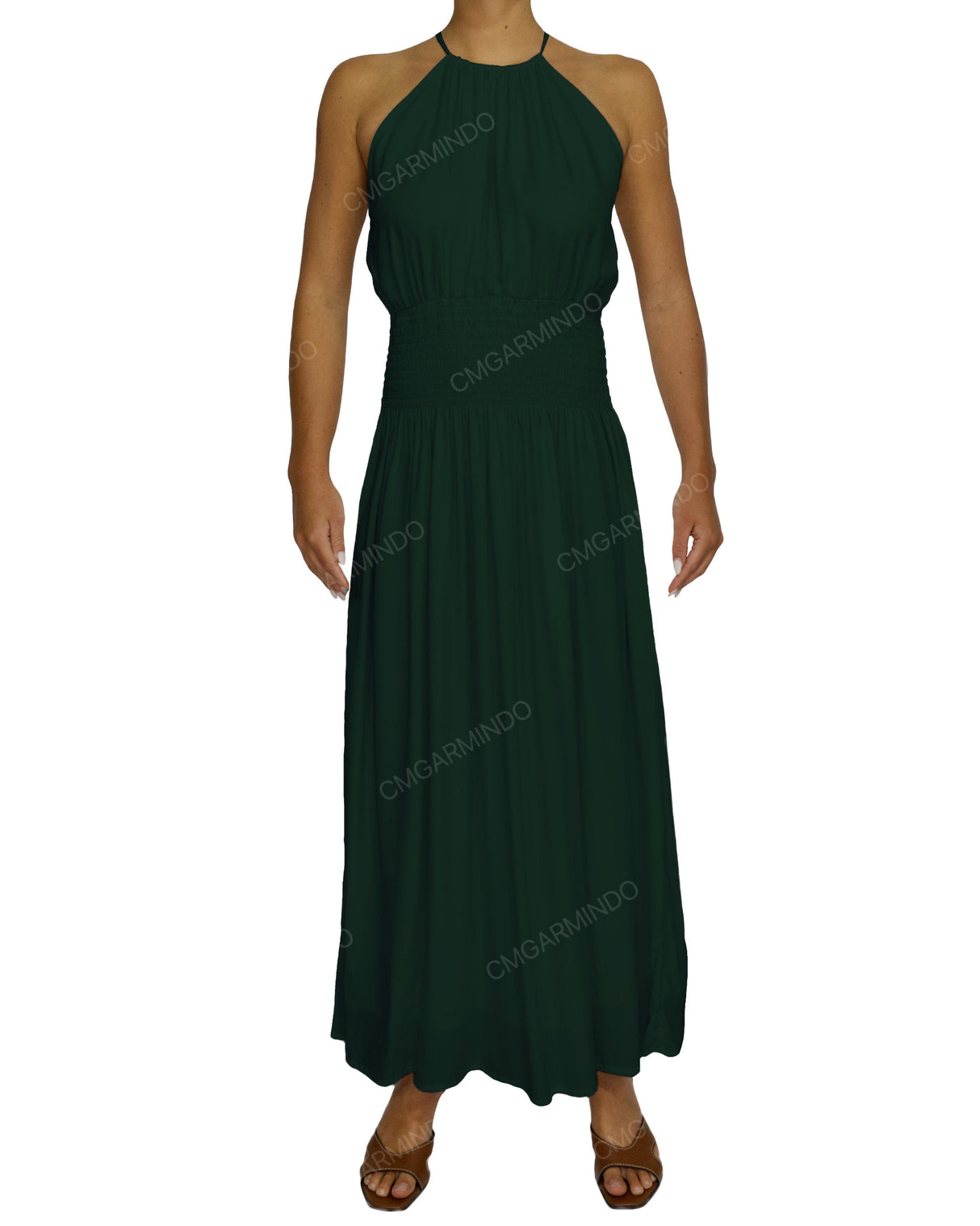 Halter Tie Shirred Waist Maxi Dress