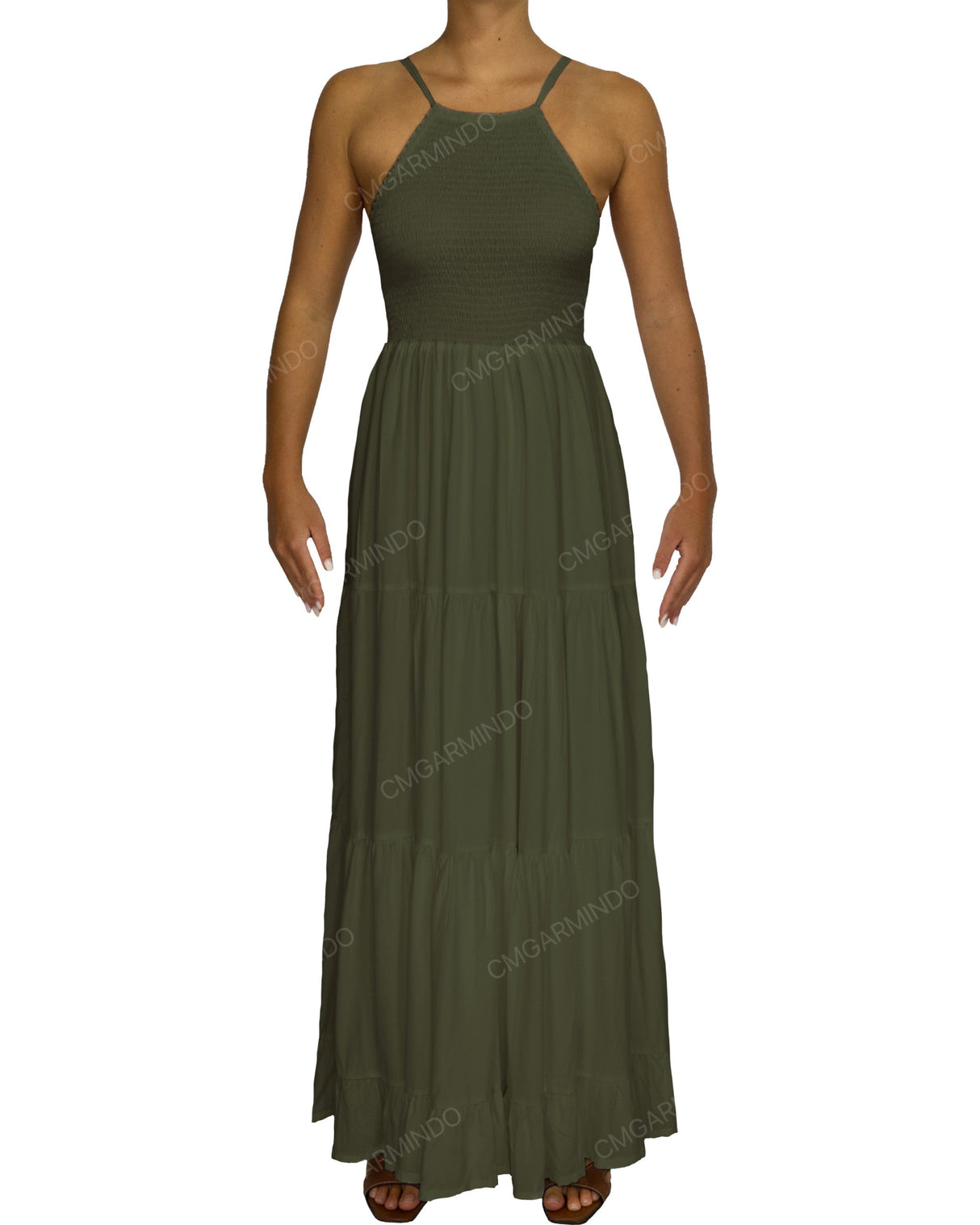 Shirred Halter Tie Tiered Maxi Dress