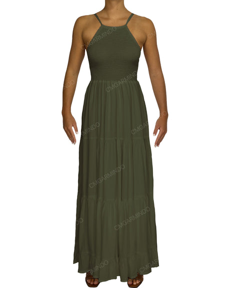 Shirred Halter Tie Tiered Maxi Dress