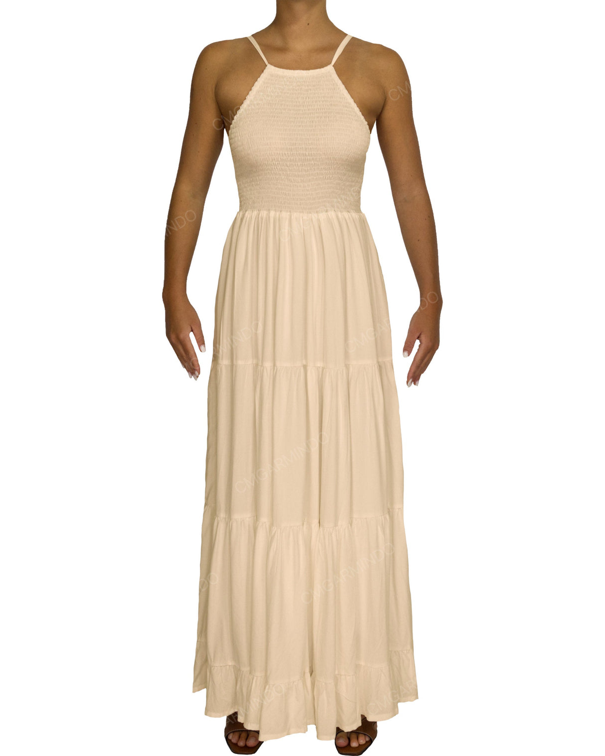 Shirred Halter Tie Tiered Maxi Dress