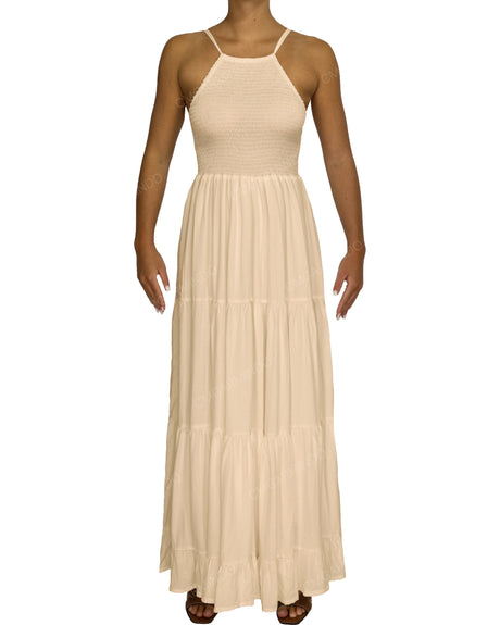 Shirred Halter Tie Tiered Maxi Dress