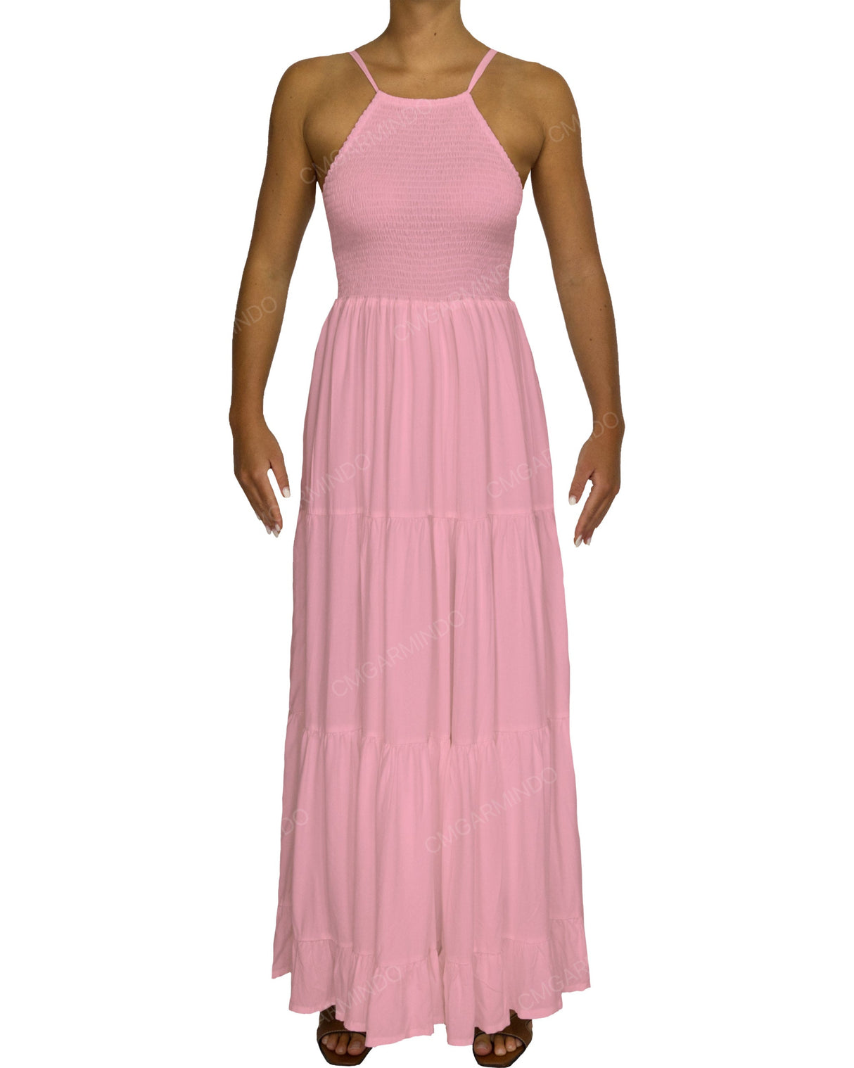 Shirred Halter Tie Tiered Maxi Dress