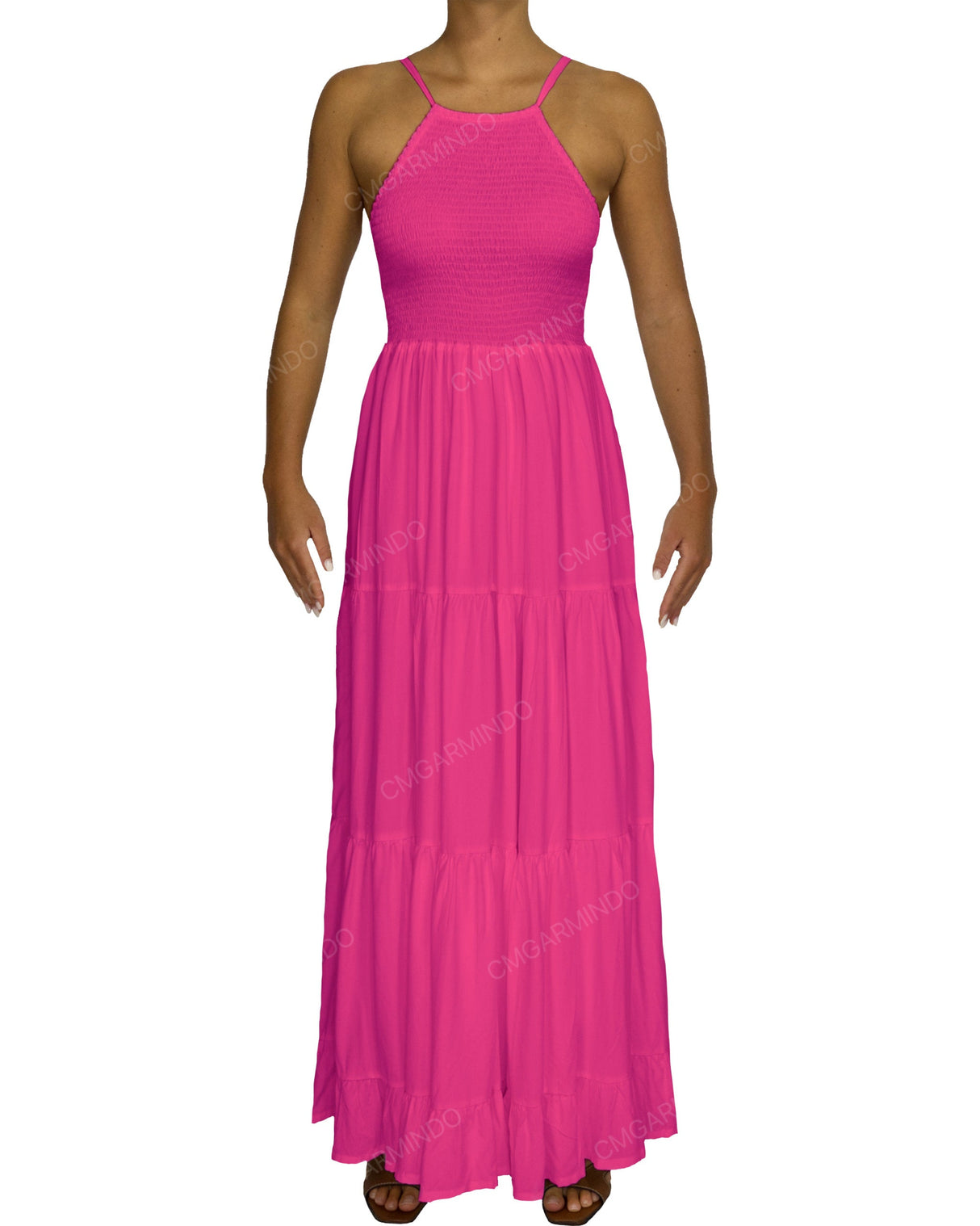 Shirred Halter Tie Tiered Maxi Dress