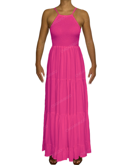 Shirred Halter Tie Tiered Maxi Dress