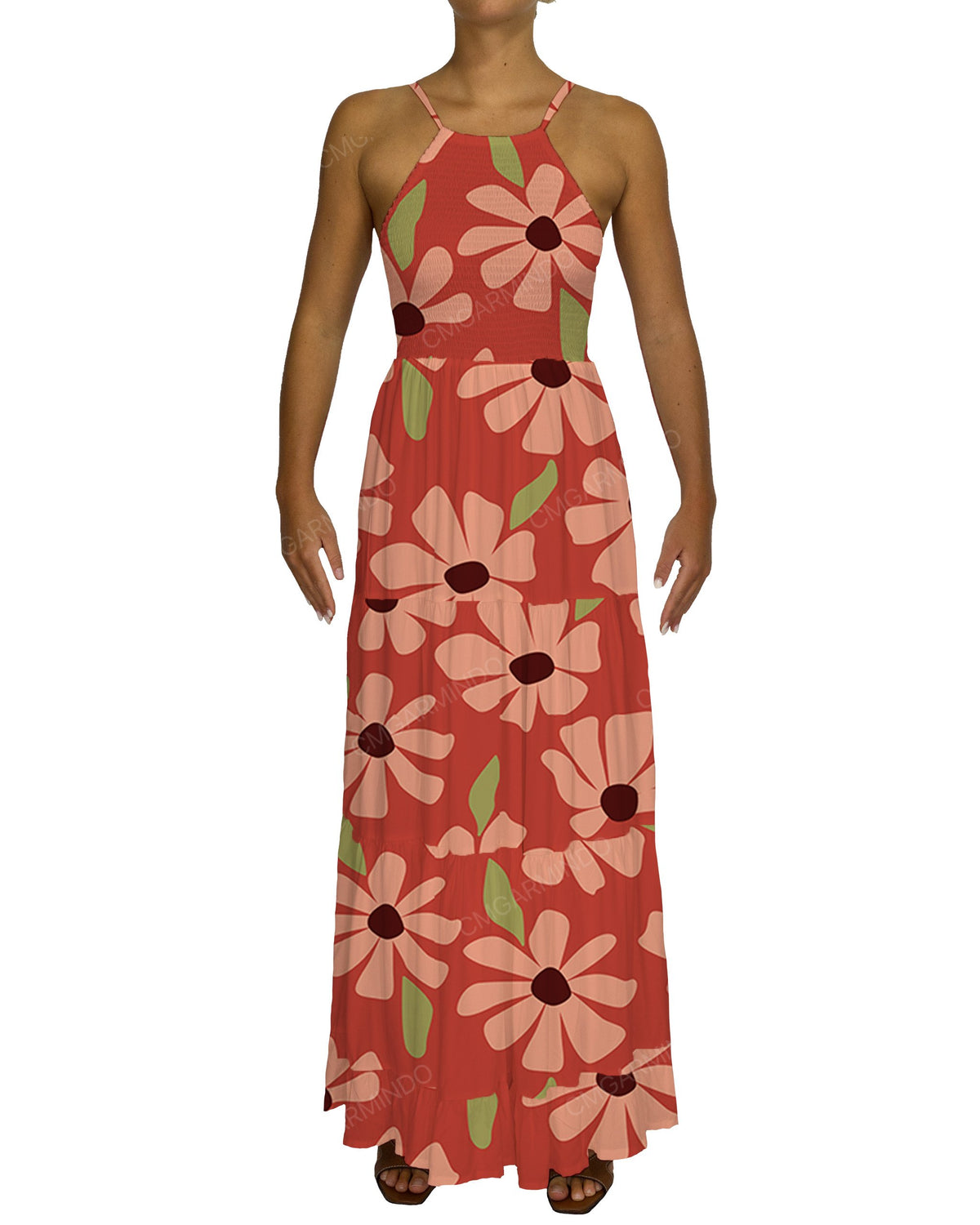 Shirred Halter Tie Tiered Maxi Dress