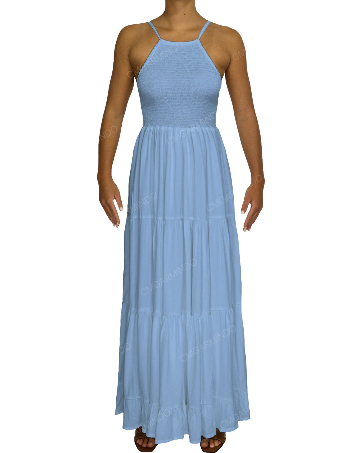 Shirred Halter Tie Tiered Maxi Dress