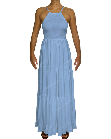 Shirred Halter Tie Tiered Maxi Dress