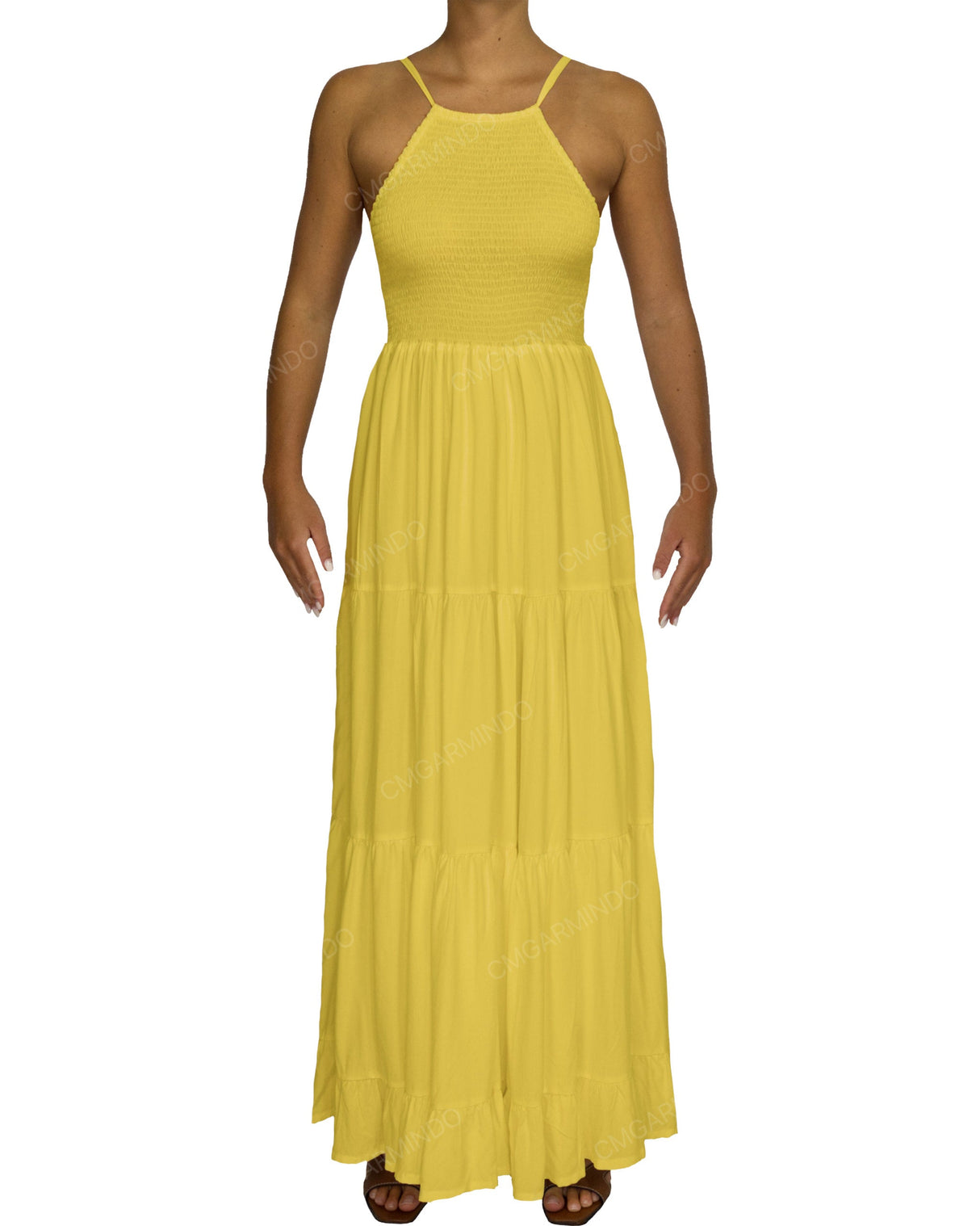 Shirred Halter Tie Tiered Maxi Dress