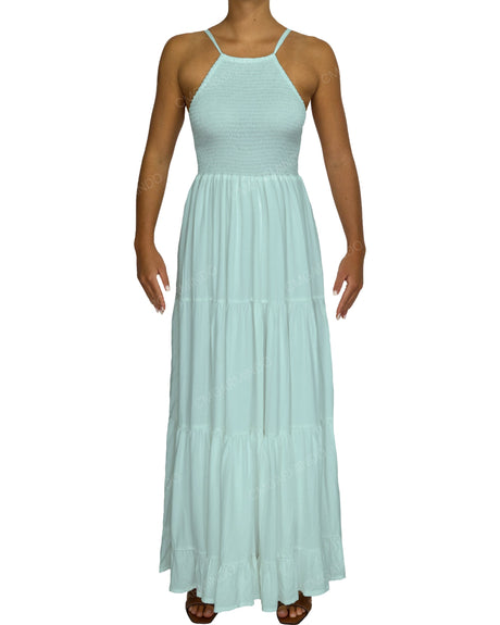 Shirred Halter Tie Tiered Maxi Dress