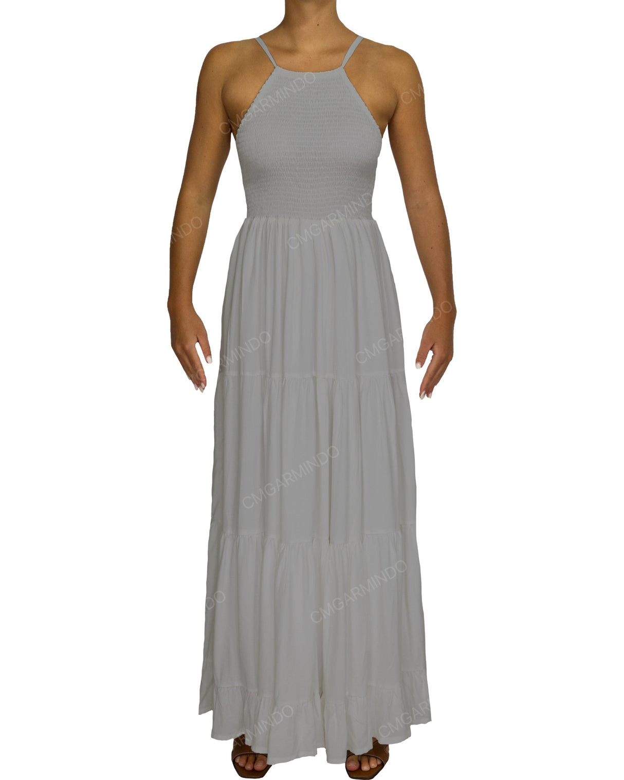Shirred Halter Tie Tiered Maxi Dress