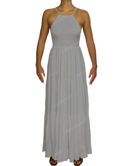 Shirred Halter Tie Tiered Maxi Dress