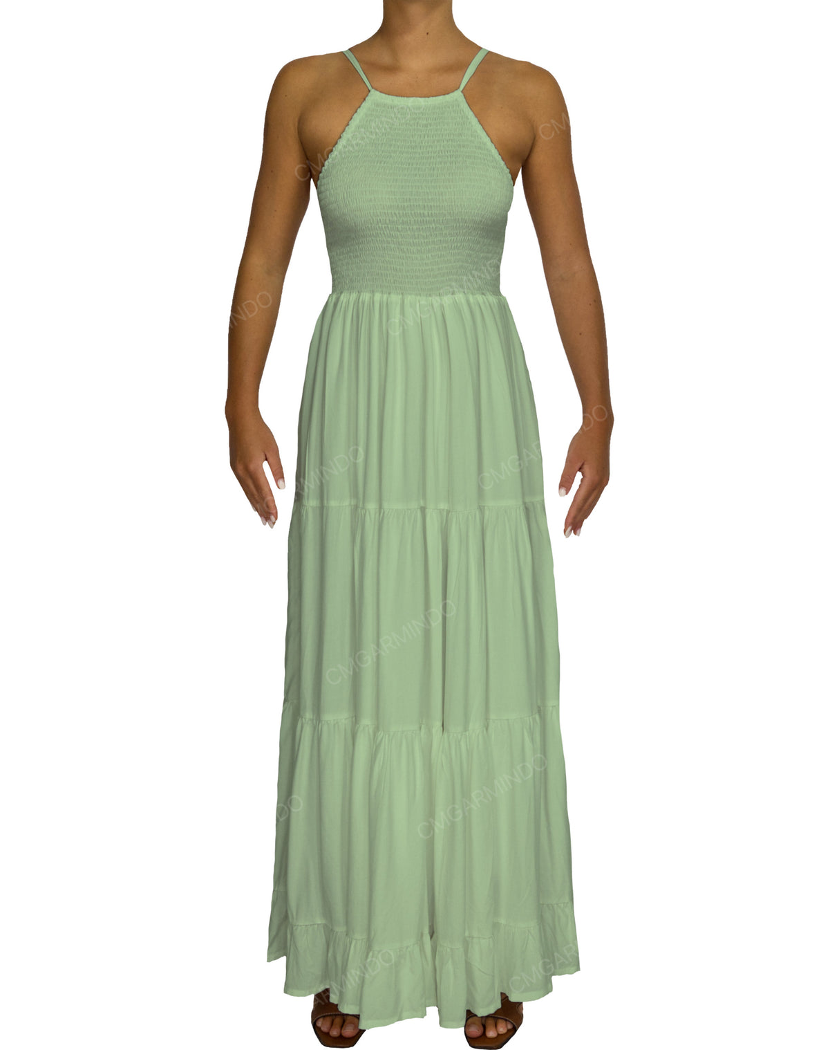 Shirred Halter Tie Tiered Maxi Dress