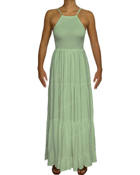Shirred Halter Tie Tiered Maxi Dress