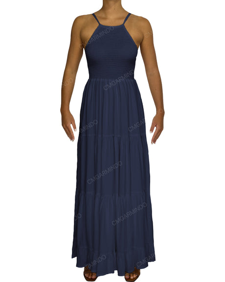 Shirred Halter Tie Tiered Maxi Dress