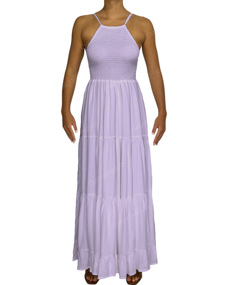 Shirred Halter Tie Tiered Maxi Dress