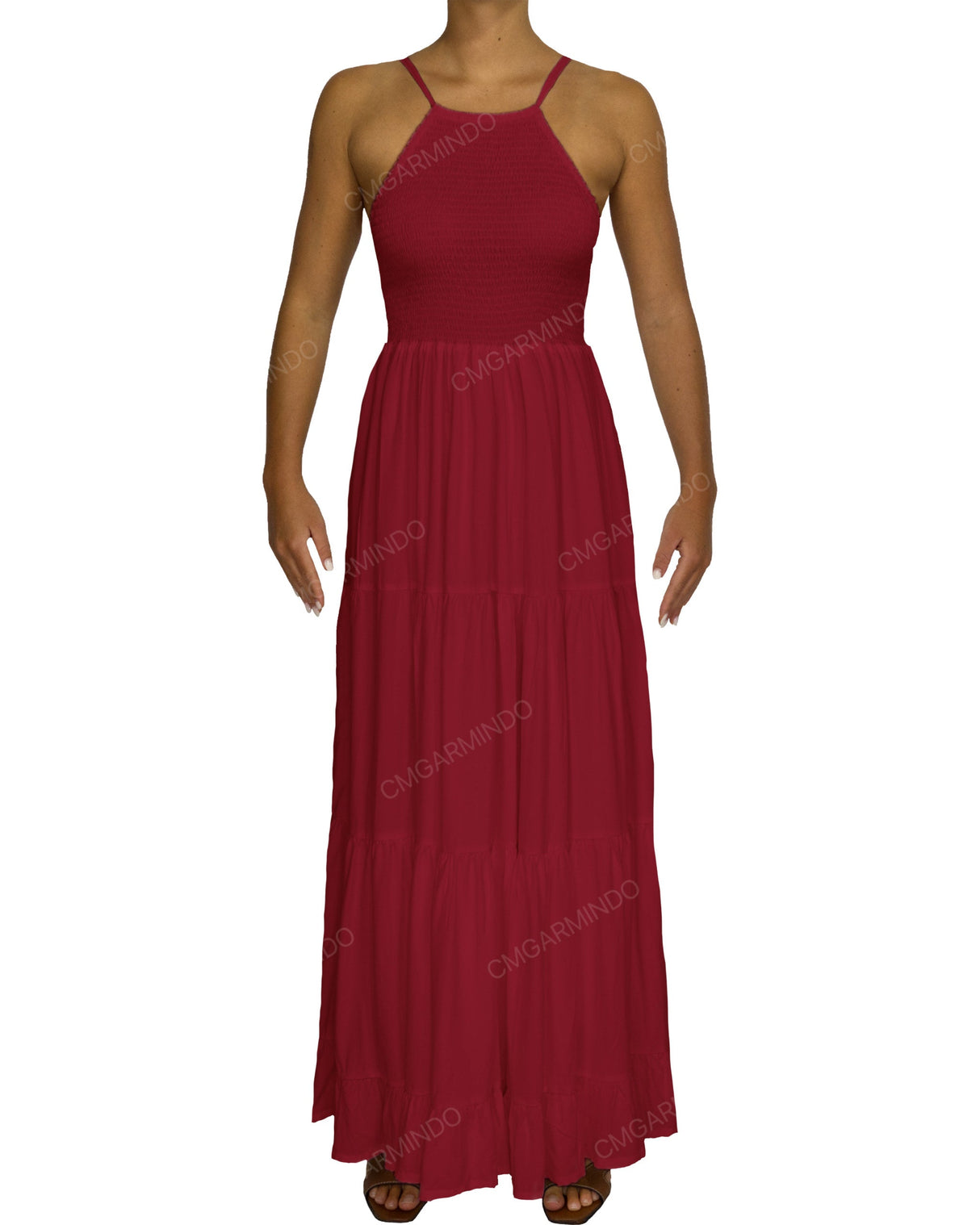 Shirred Halter Tie Tiered Maxi Dress