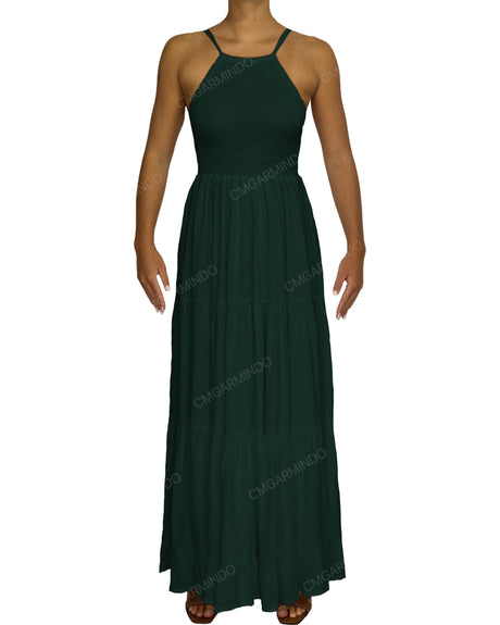 Shirred Halter Tie Tiered Maxi Dress