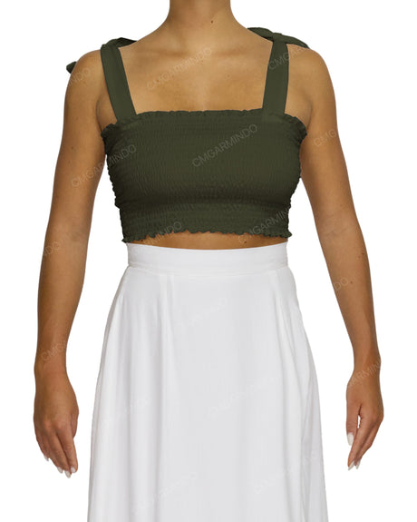 Shirred Shoulder Tie Crop Top