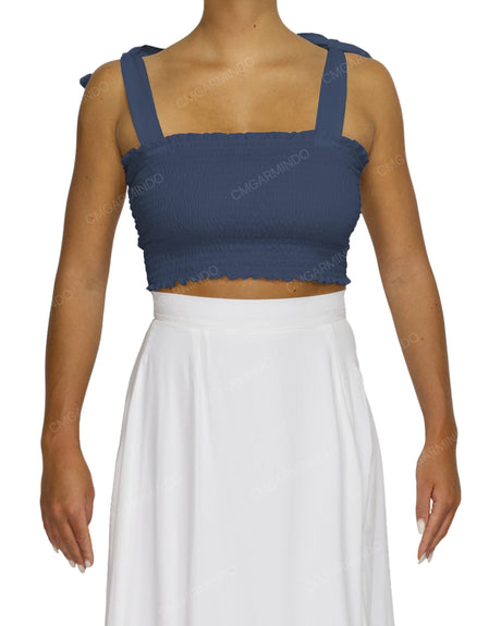 Shirred Shoulder Tie Crop Top
