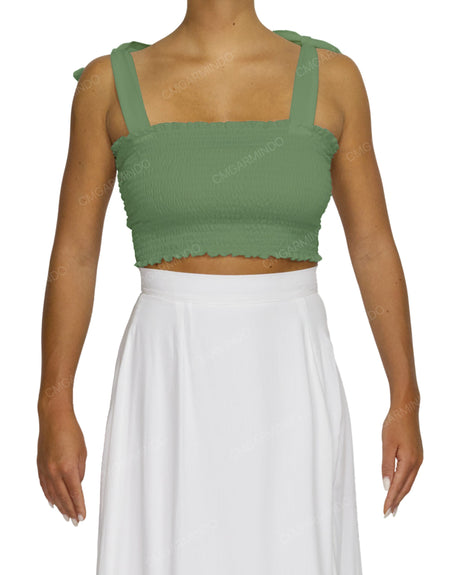 Shirred Shoulder Tie Crop Top