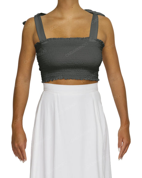 Shirred Shoulder Tie Crop Top