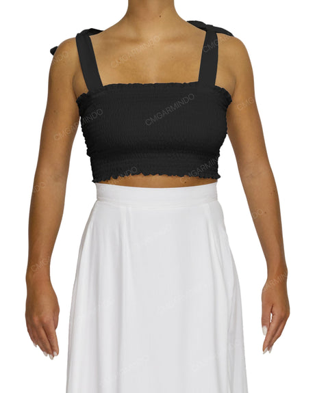 Shirred Shoulder Tie Crop Top