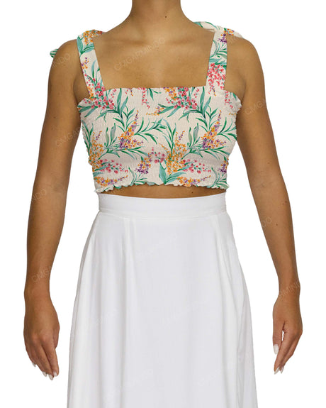 Shirred Shoulder Tie Crop Top