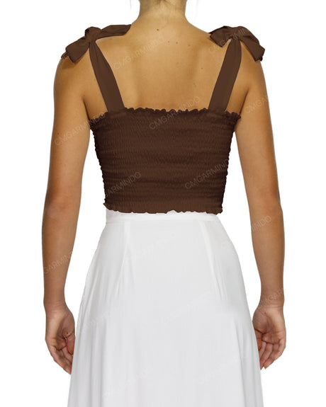 Shirred Shoulder Tie Crop Top