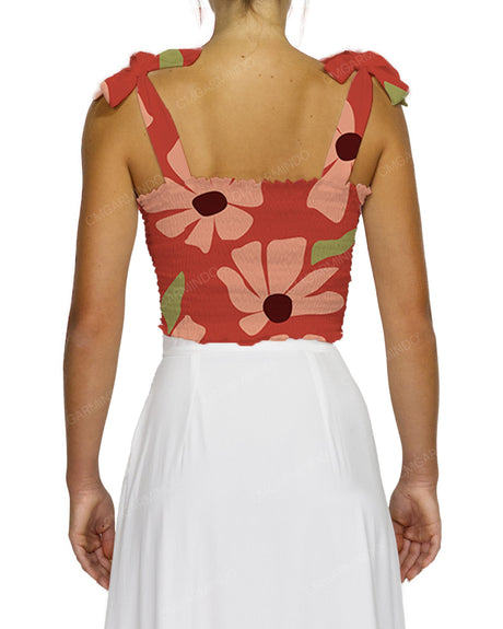 Shirred Shoulder Tie Crop Top