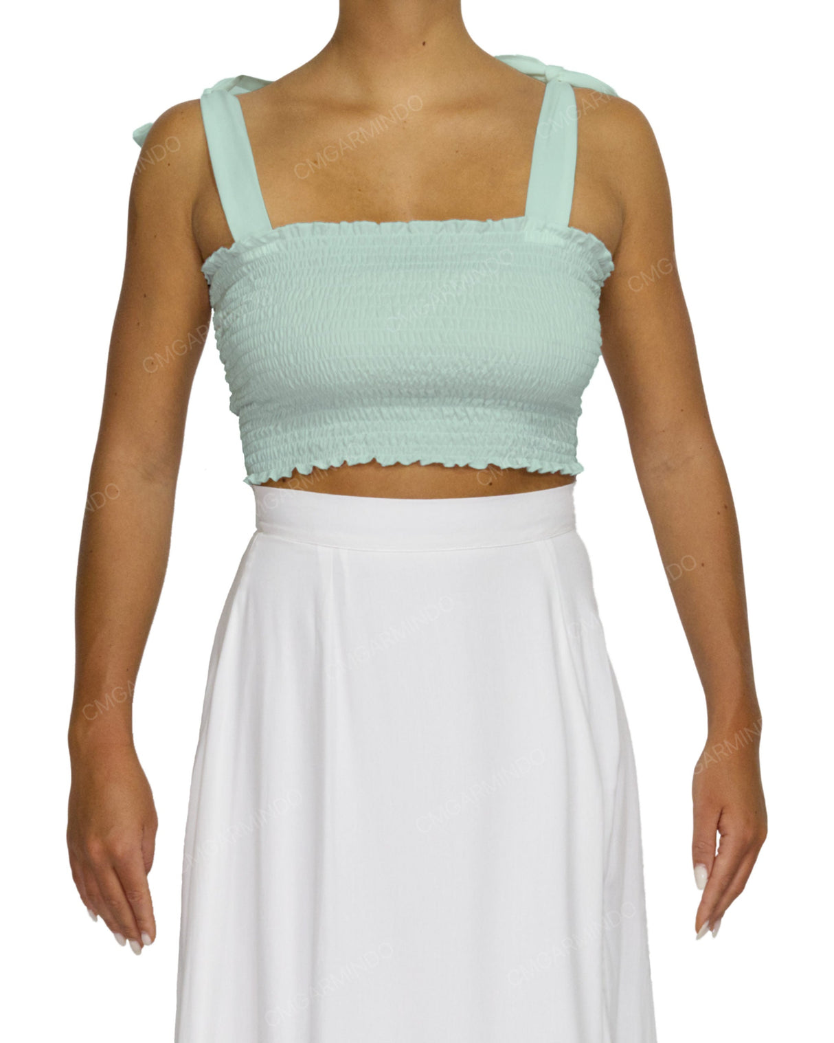 Shirred Shoulder Tie Crop Top