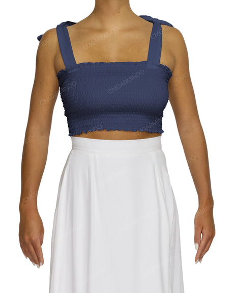 Shirred Shoulder Tie Crop Top