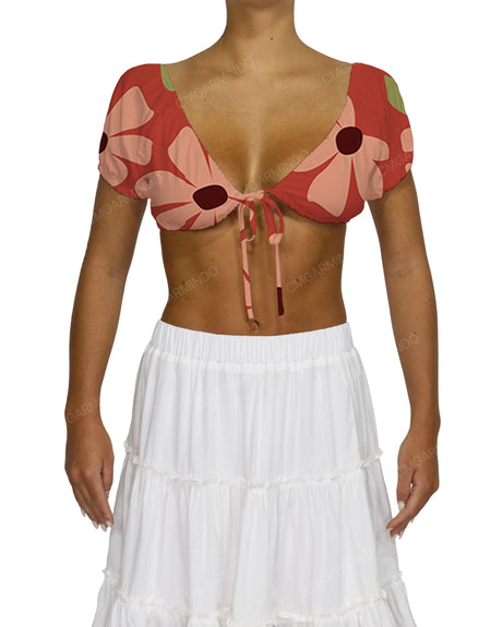 Puff Sleeve Tie Front Crop Top