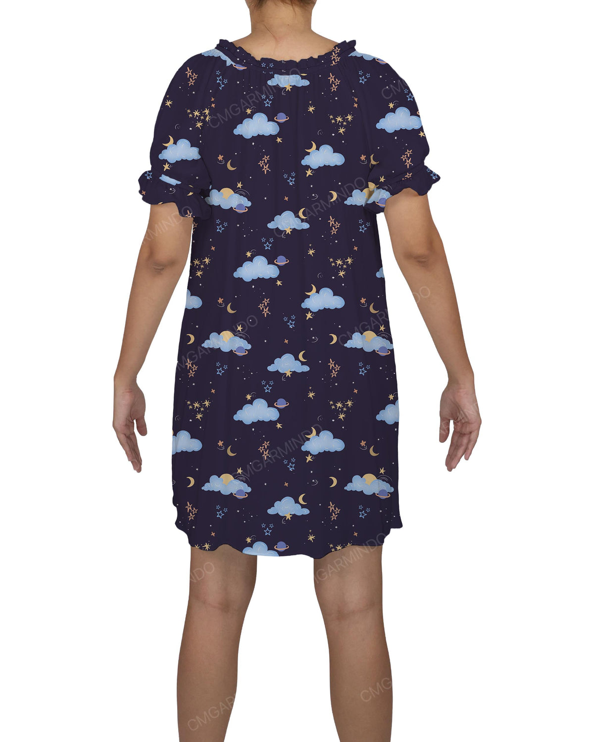 Ruffle Neck Puff Sleeve Mini Sleep Dress